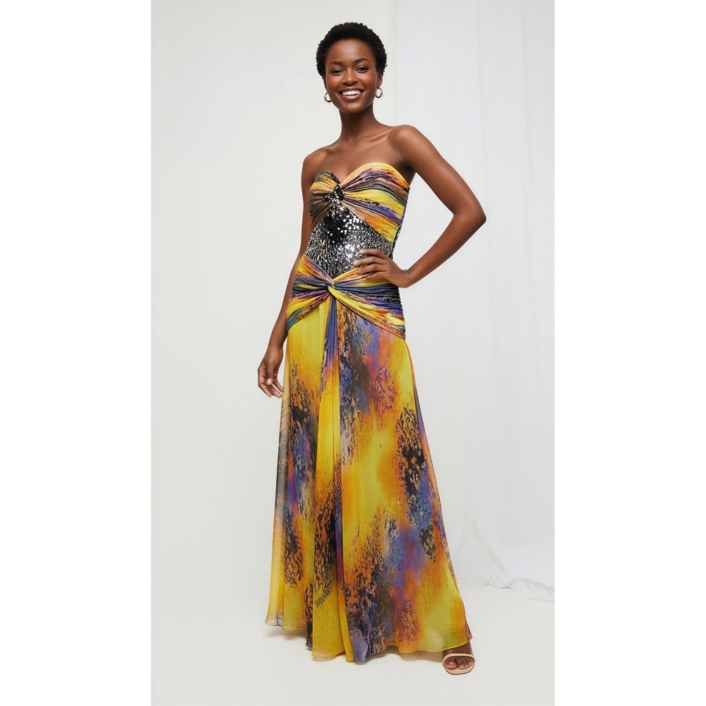 Tony Bowls Women's Strapless A-Line Multi-Color‎ Chiffon Sequin Maxi Dress Sz 4